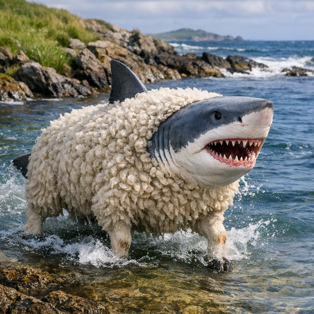 Sharkeep, an AI-generated hybrid of great white shark and Sheep