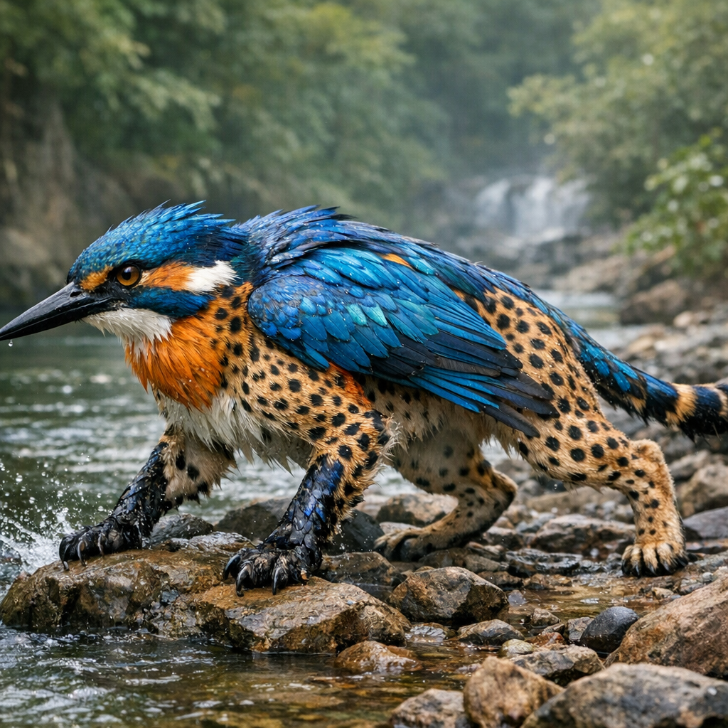 Cheetahfisher, an AI-generated hybrid of Cheetah and Kingfisher