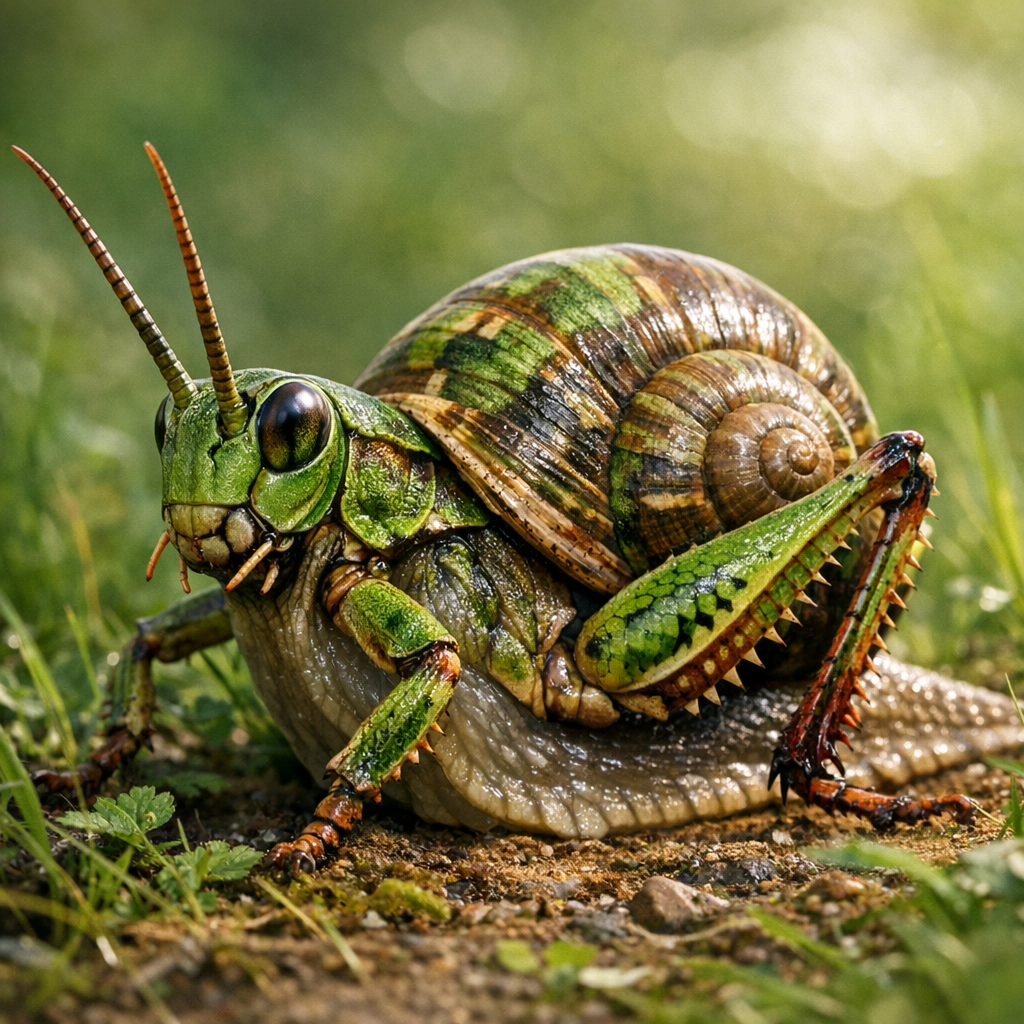 Grasnaut, an AI-generated hybrid of Grasshopper and Snail