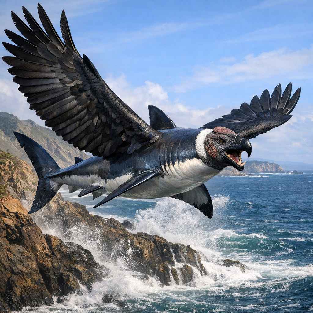 Condorwhite, an AI-generated hybrid of Condor and great white shark