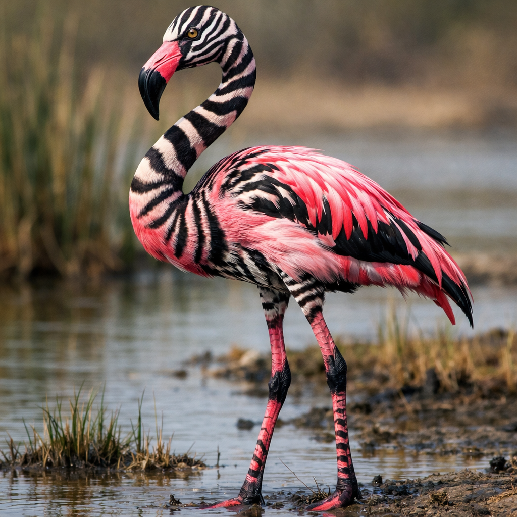 Zebramingo, an AI-generated hybrid of Zebra and Flamingo