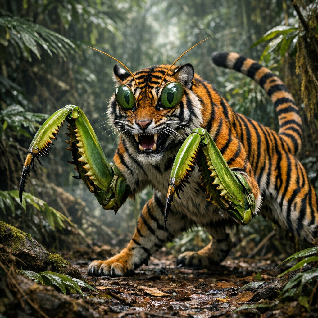 Tigermantis, an AI-generated hybrid of Tiger and Mantis