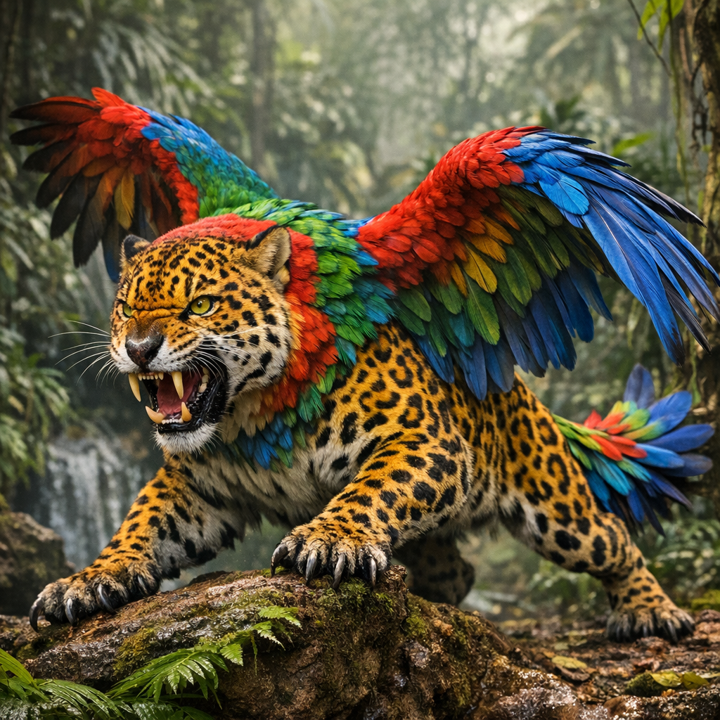 Jaguparrot, an AI-generated hybrid of Jaguar and Parrot