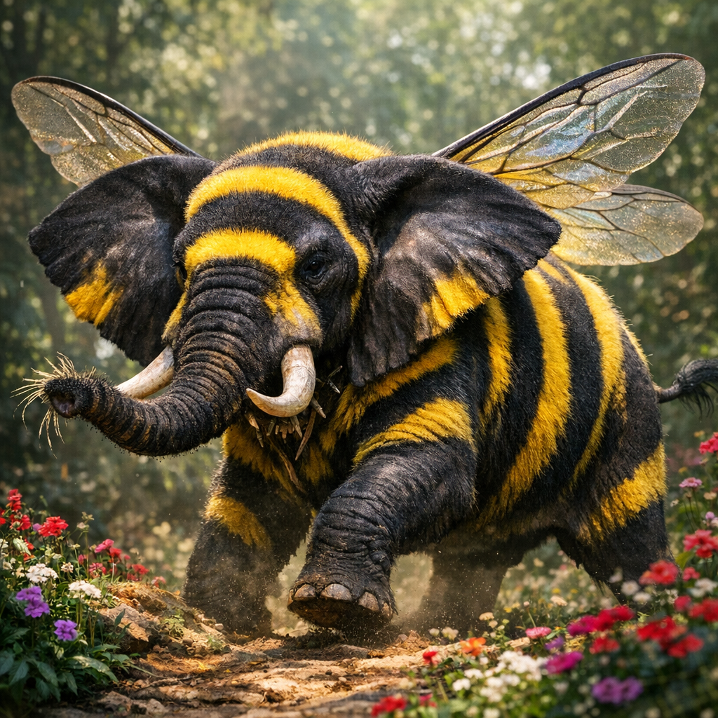 Bumblephant, an AI-generated hybrid of Bumblebee and Elephant