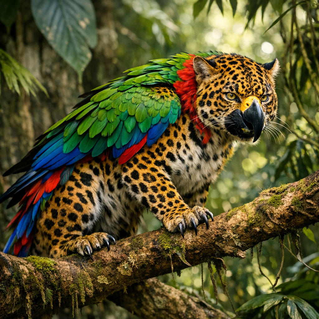 Leoparrot, an AI-generated hybrid of Leopard and Parrot