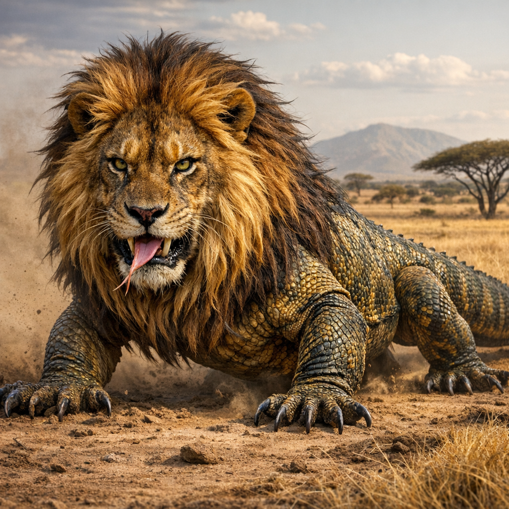 LioDragon, an AI-generated hybrid of Lion and Komodo Dragon