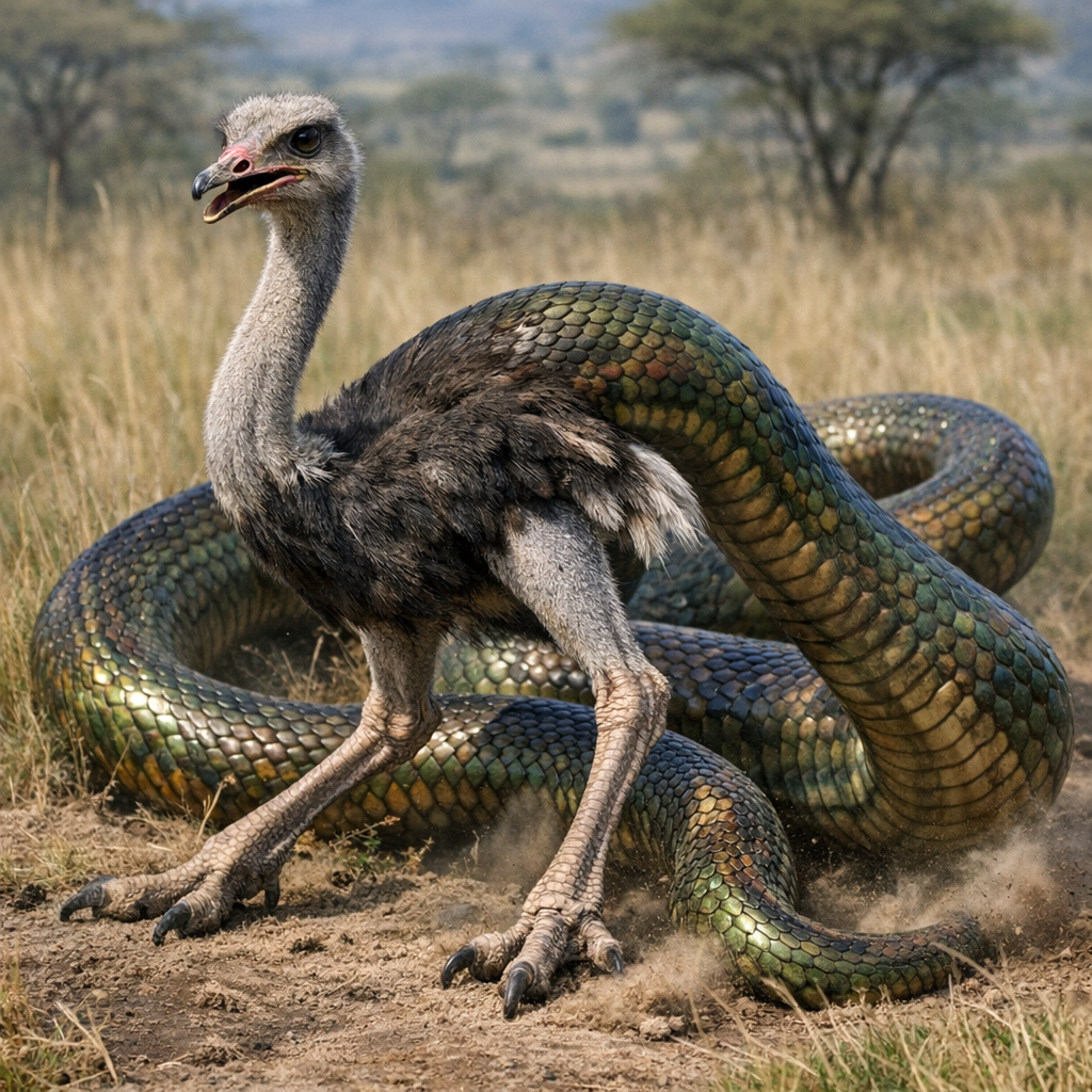 Ostrisnake, an AI-generated hybrid of Ostrich and Snake