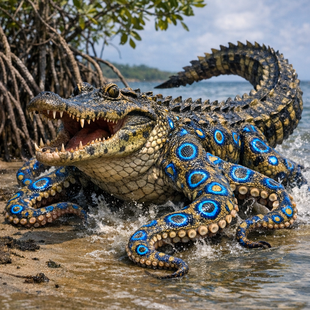 Crocotopus, an AI-generated hybrid of Crocodile and blue ring octopus