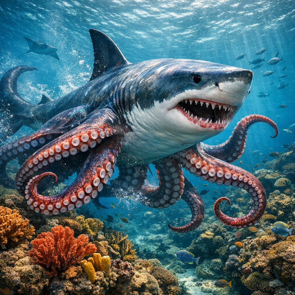 Octoshark, an AI-generated hybrid of Octopus and great white shark