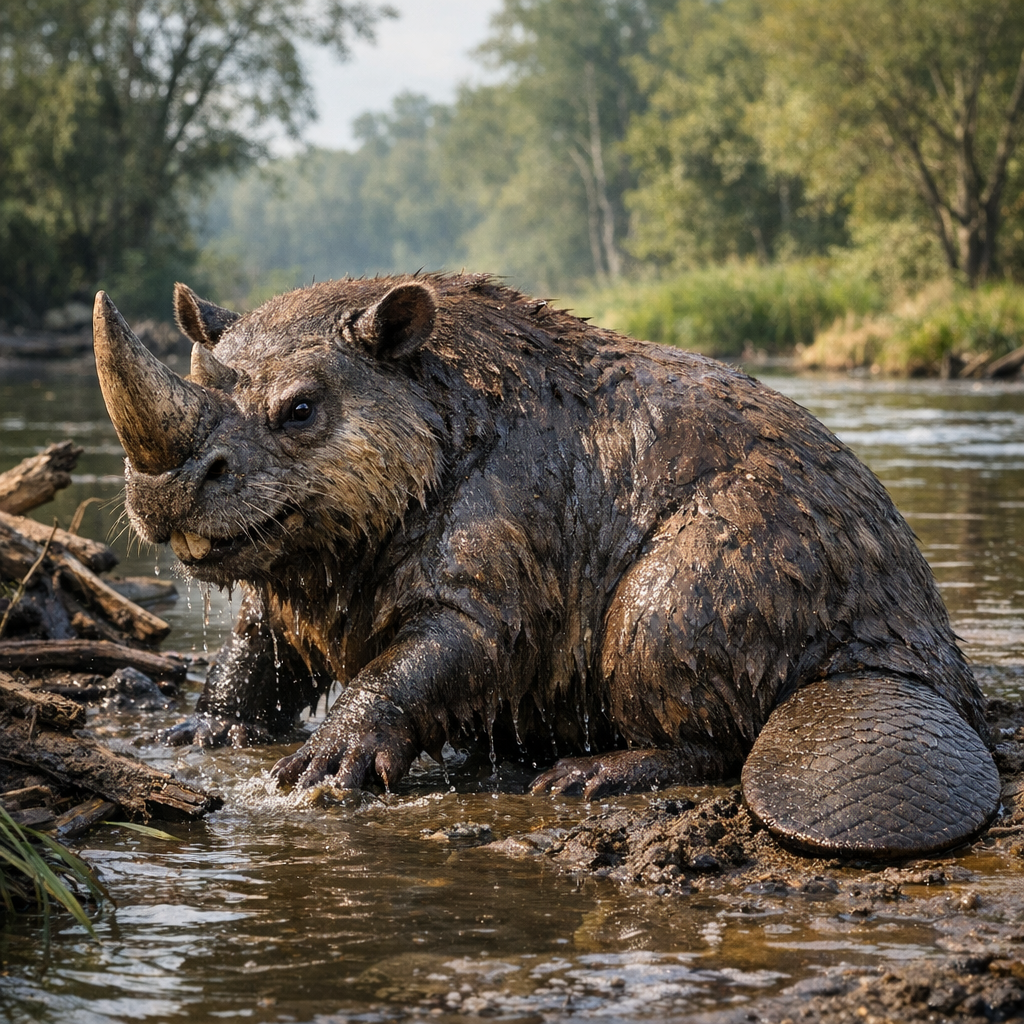 Rhinobeaver, an AI-generated hybrid of Beaver and Rhinoceros