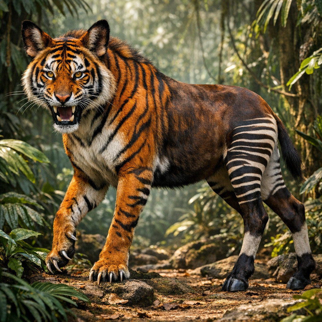 Tigoki, an AI-generated hybrid of Tiger and Okapi