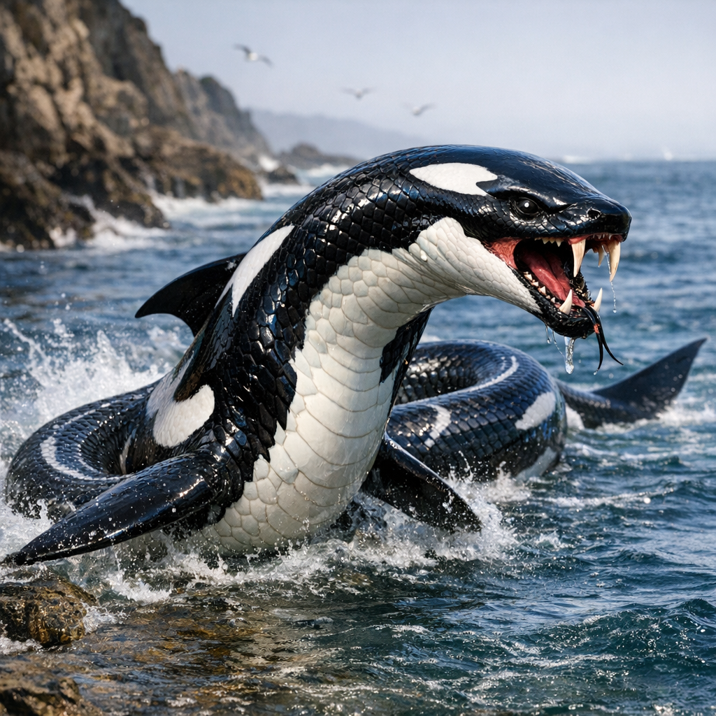 Orcaspheto, an AI-generated hybrid of orca and Snake