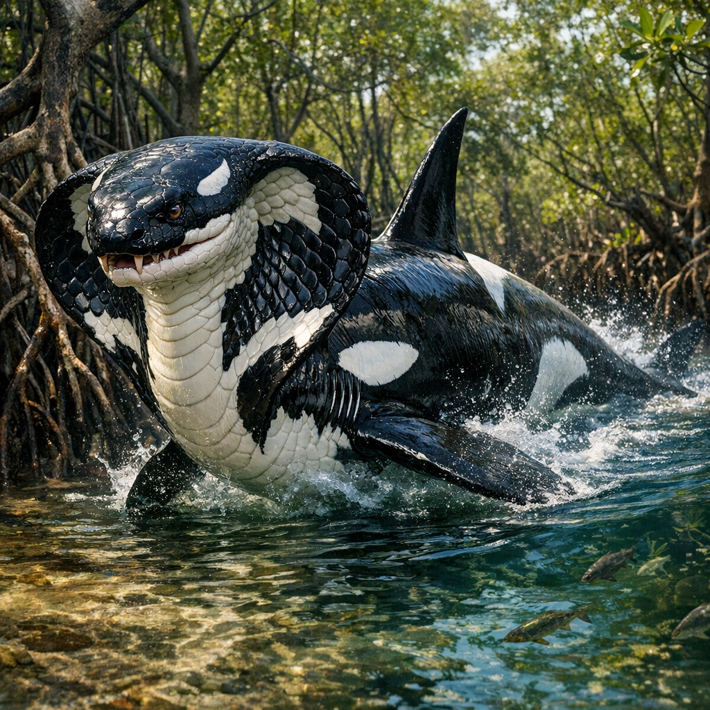 Cobraorca, an AI-generated hybrid of Cobra and orca