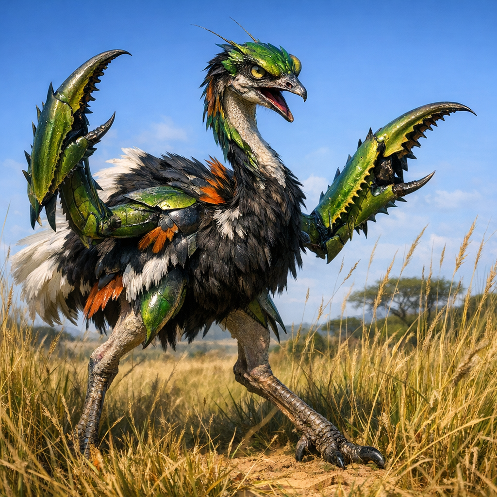 Ostrimantis, an AI-generated hybrid of Ostrich and Mantis