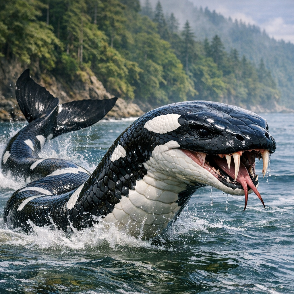 Orcaconda, an AI-generated hybrid of orca and Snake