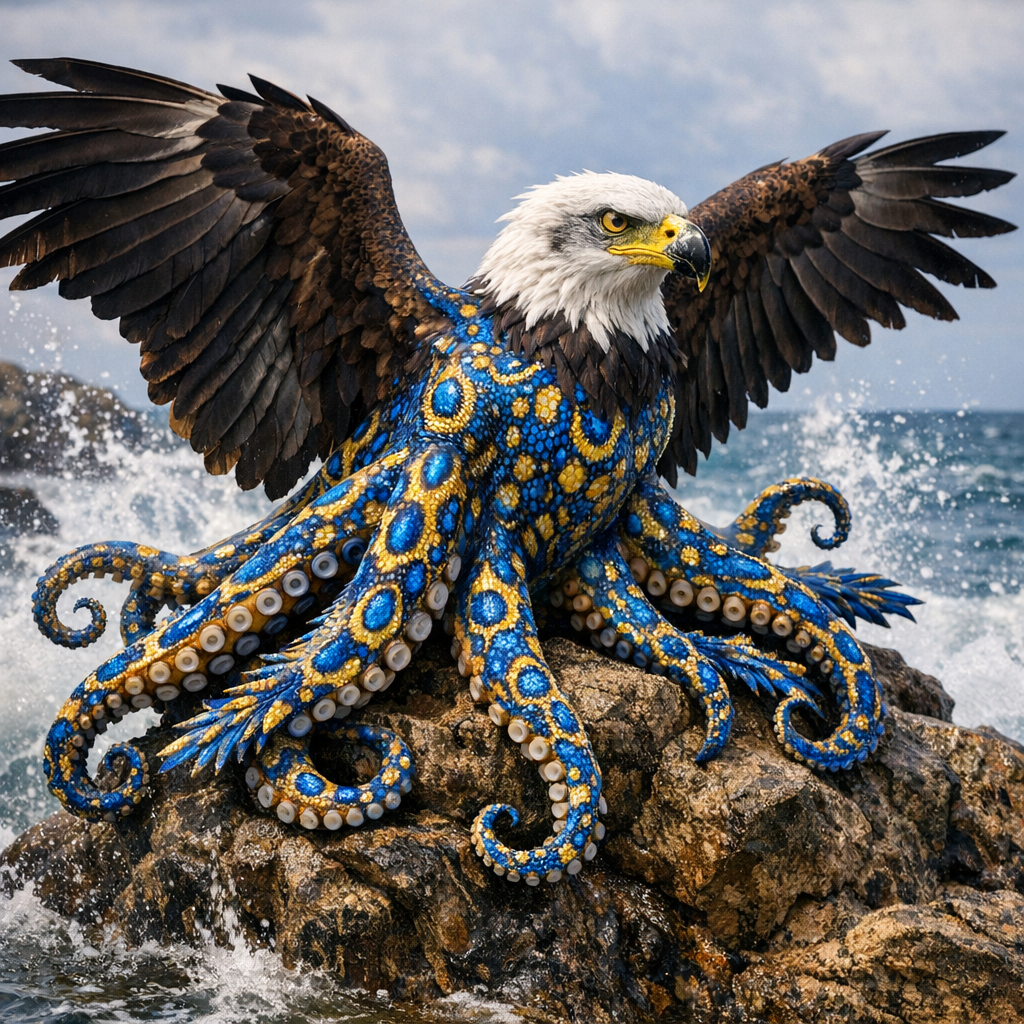 Aquilaoctopus, an AI-generated hybrid of Bald Eagle and blue ring octopus