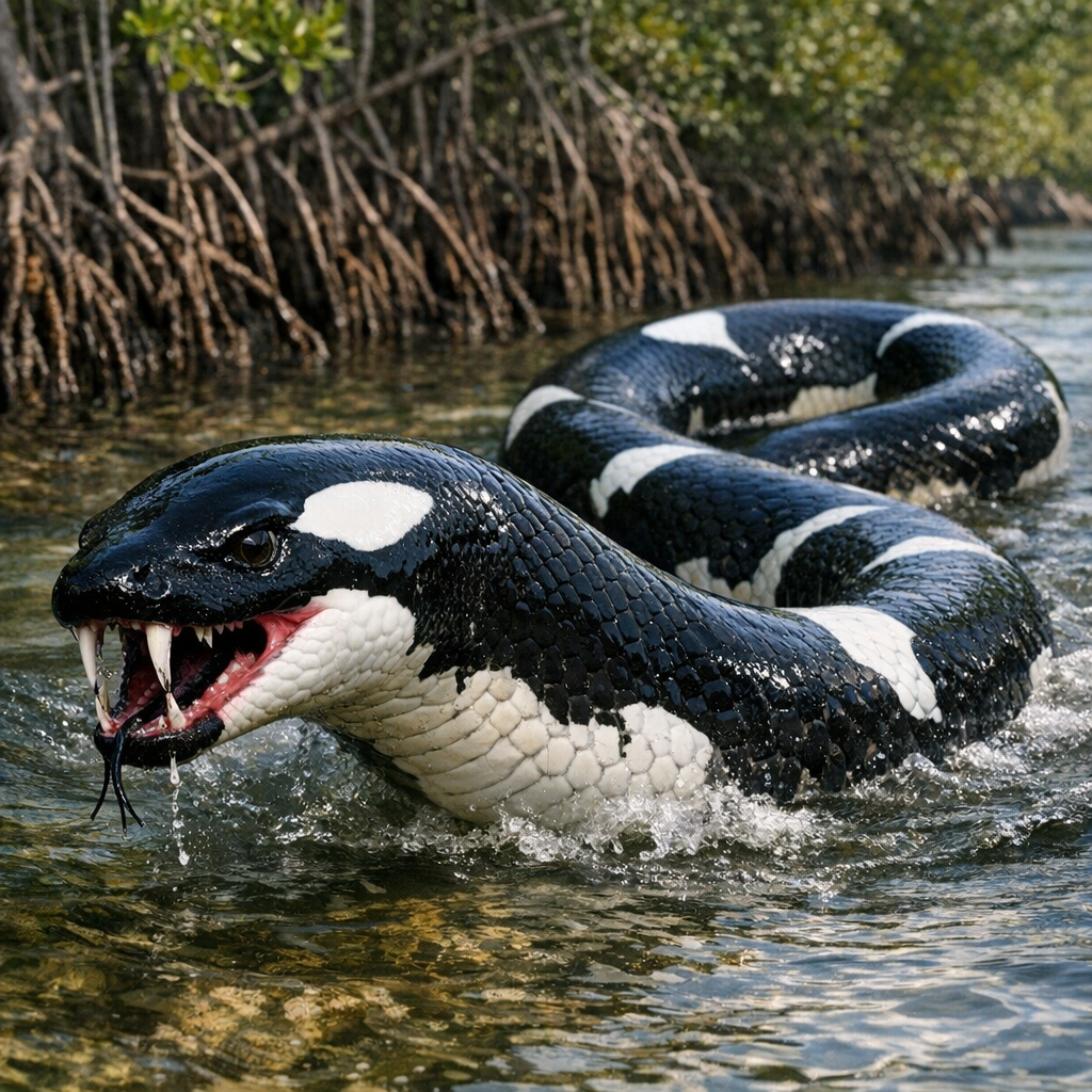 Orcasnake, an AI-generated hybrid of orca and Snake
