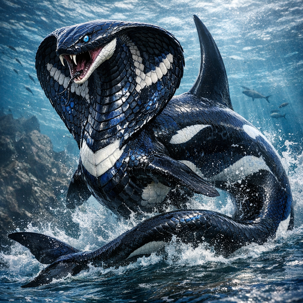 Cobrorca, an AI-generated hybrid of Cobra and orca