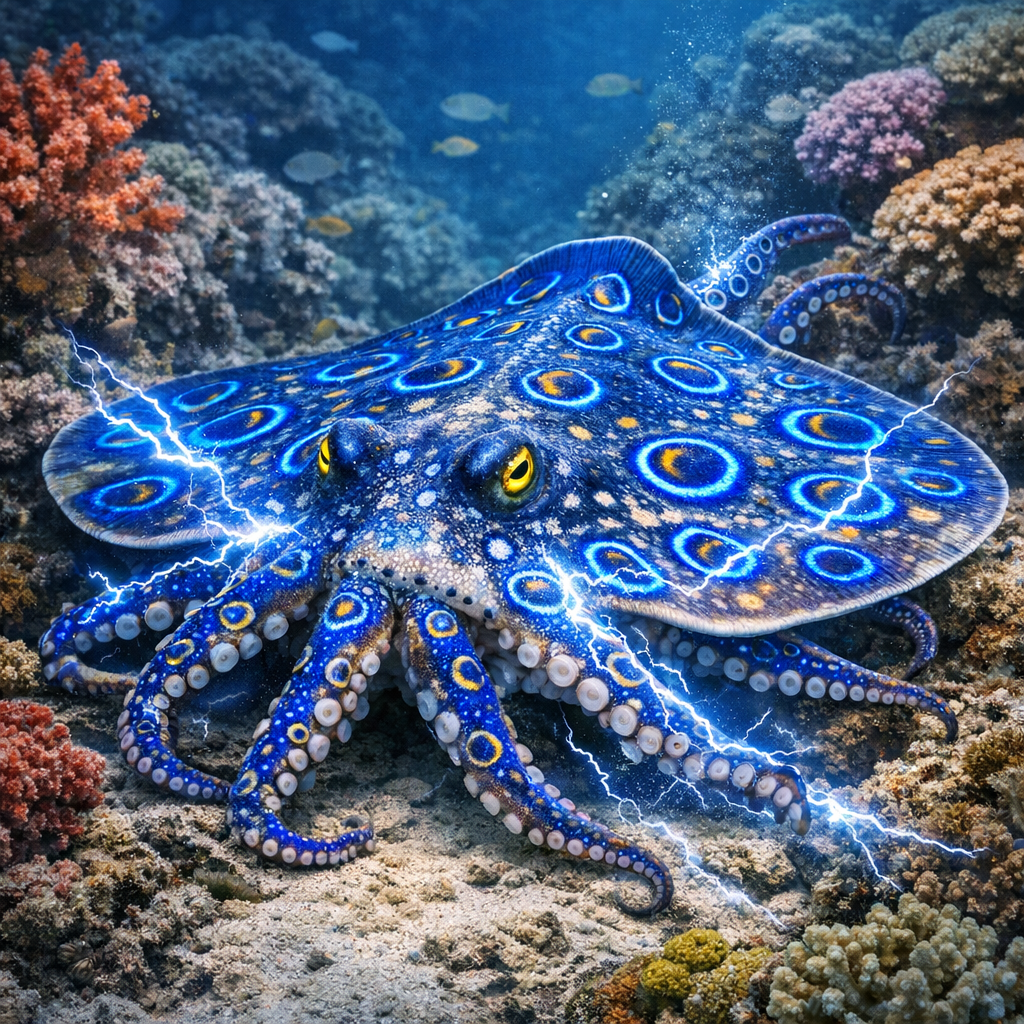 Electroctopus Ray, an AI-generated hybrid of Electric Ray and blue ring octopus