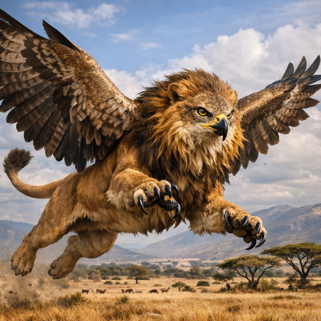 Falcione, an AI-generated hybrid of Falcon and Lion