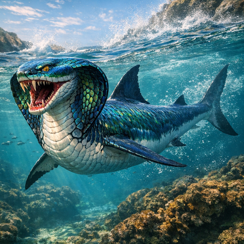 Cobra Shark, an AI-generated hybrid of Cobra and great white shark