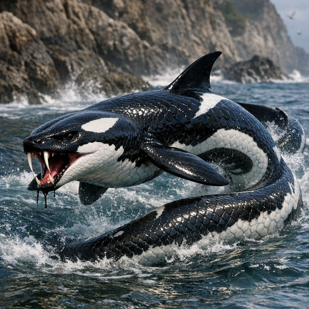 Orcaspheto, an AI-generated hybrid of orca and Snake