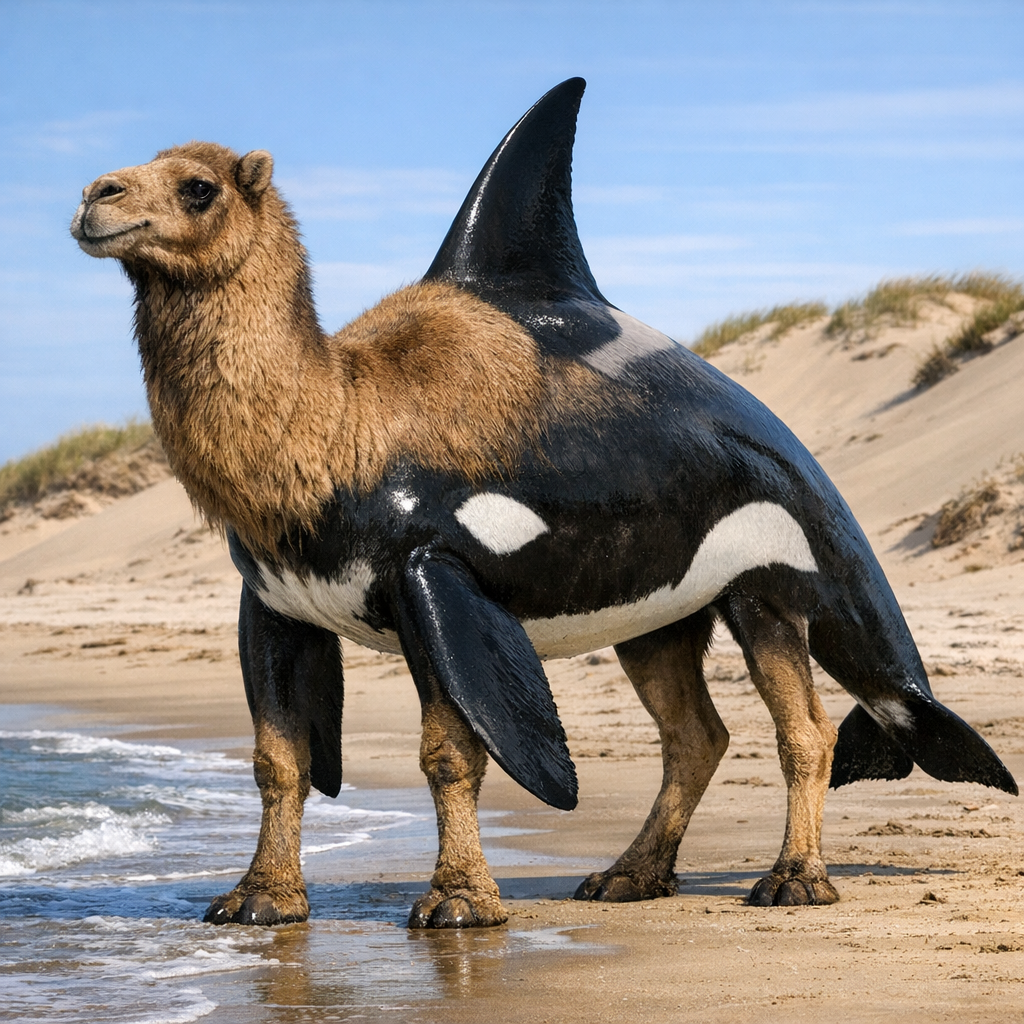 Camarca, an AI-generated hybrid of Camel and orca