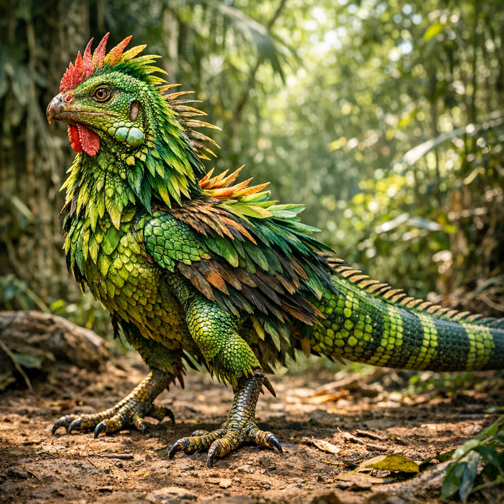 Iguachick, an AI-generated hybrid of Iguana and Chicken