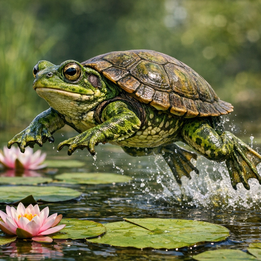 Frogurtle, an AI-generated hybrid of Frog and Turtle