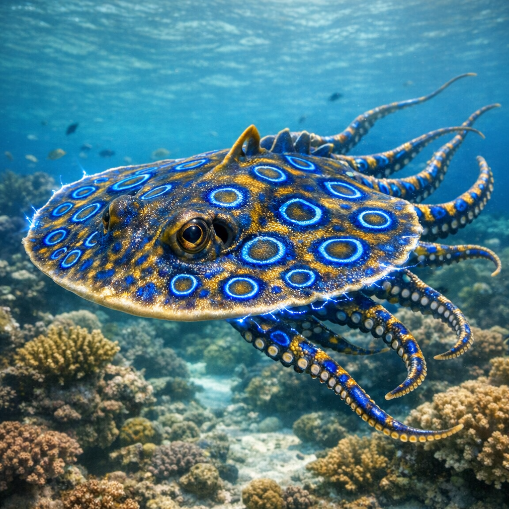 Electroctopus Ray, an AI-generated hybrid of Electric Ray and blue ring octopus