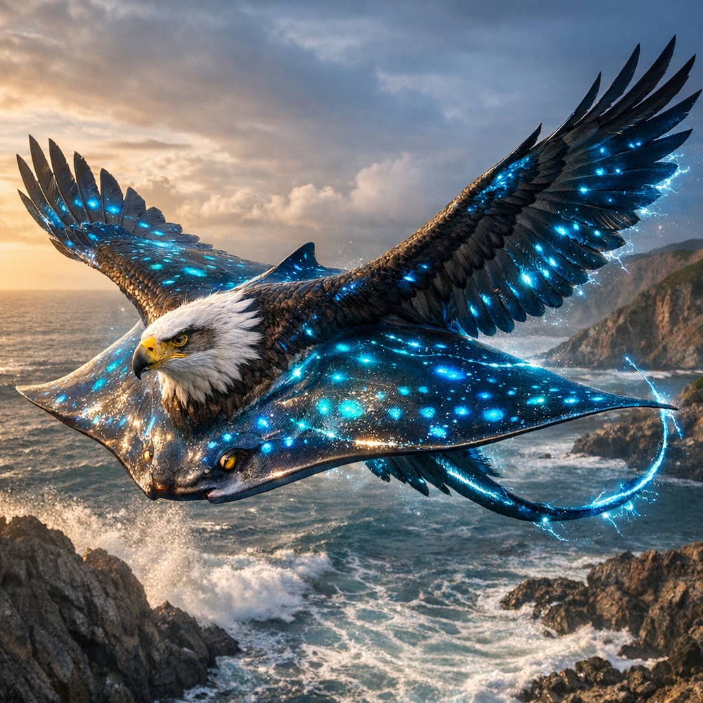 Aquilaura, an AI-generated hybrid of Eagle and Electric Ray