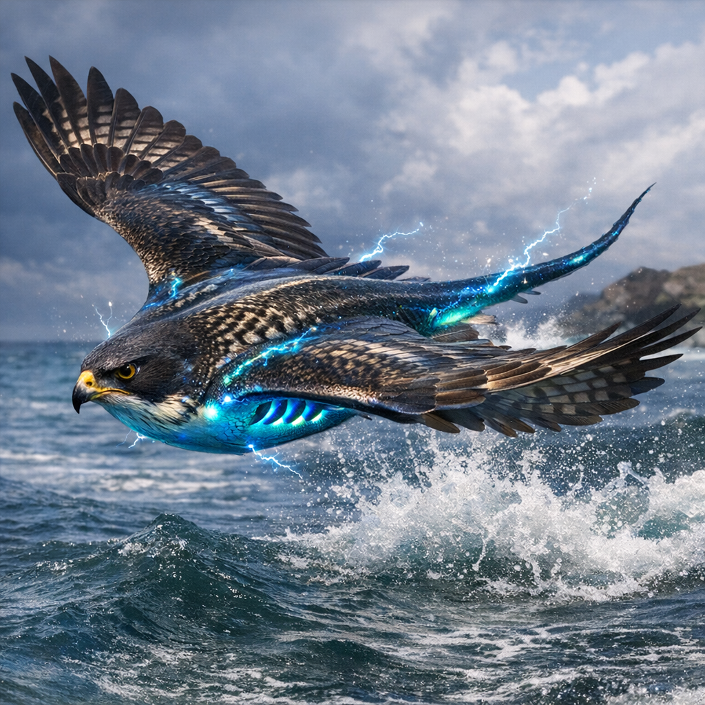 Falconray, an AI-generated hybrid of Falcon and Electric Ray
