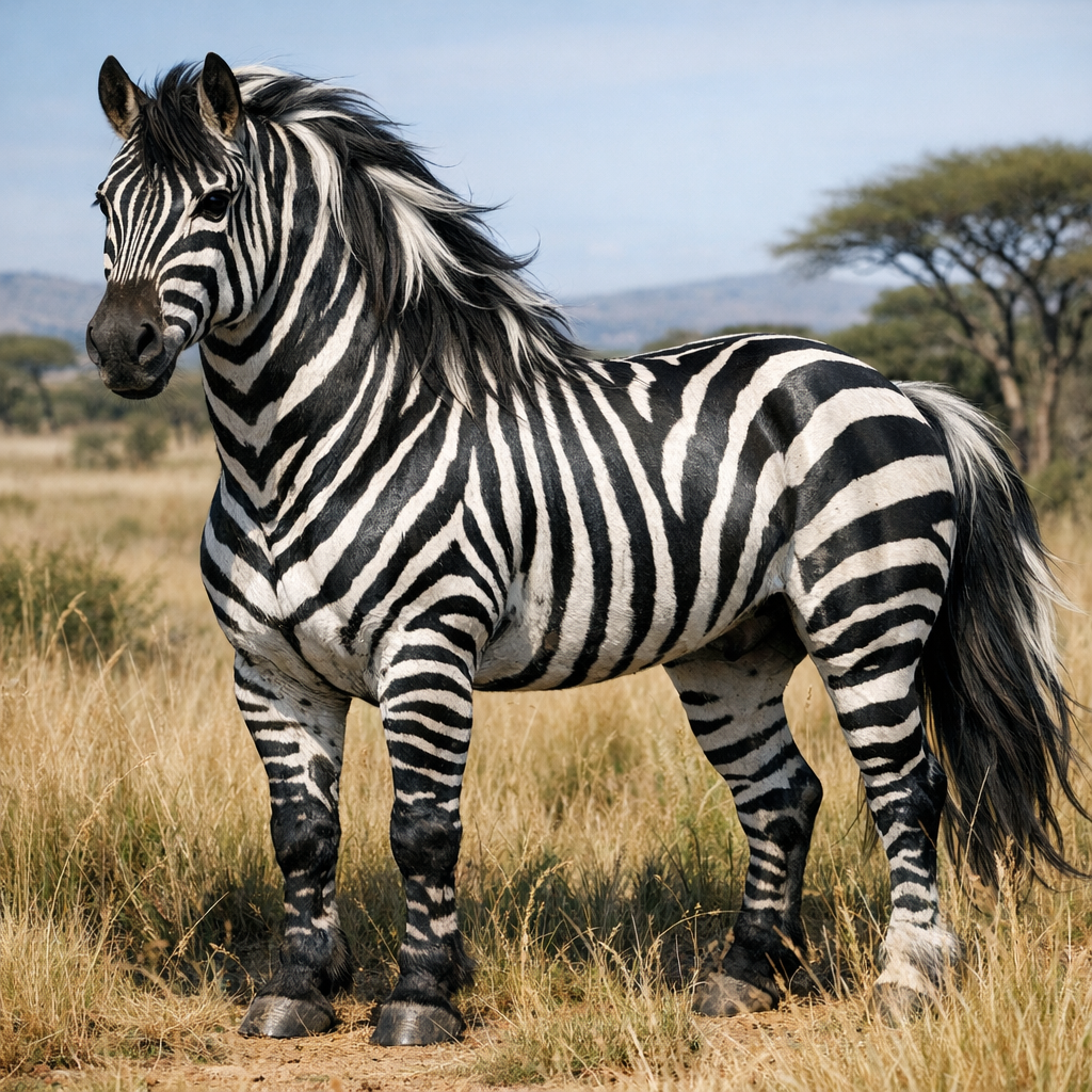 Zebrasteed, an AI-generated hybrid of Zebra and Horse