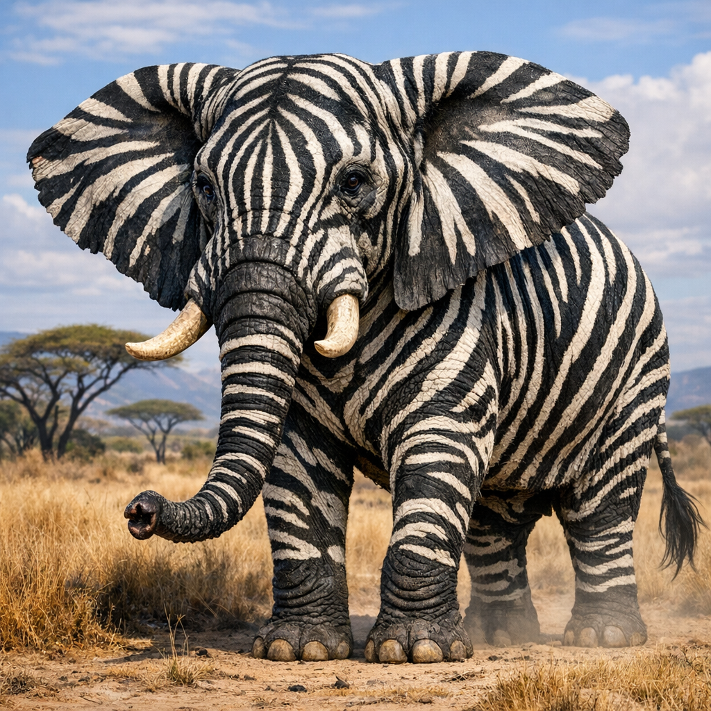 Elebra, an AI-generated hybrid of Elephant and Zebra