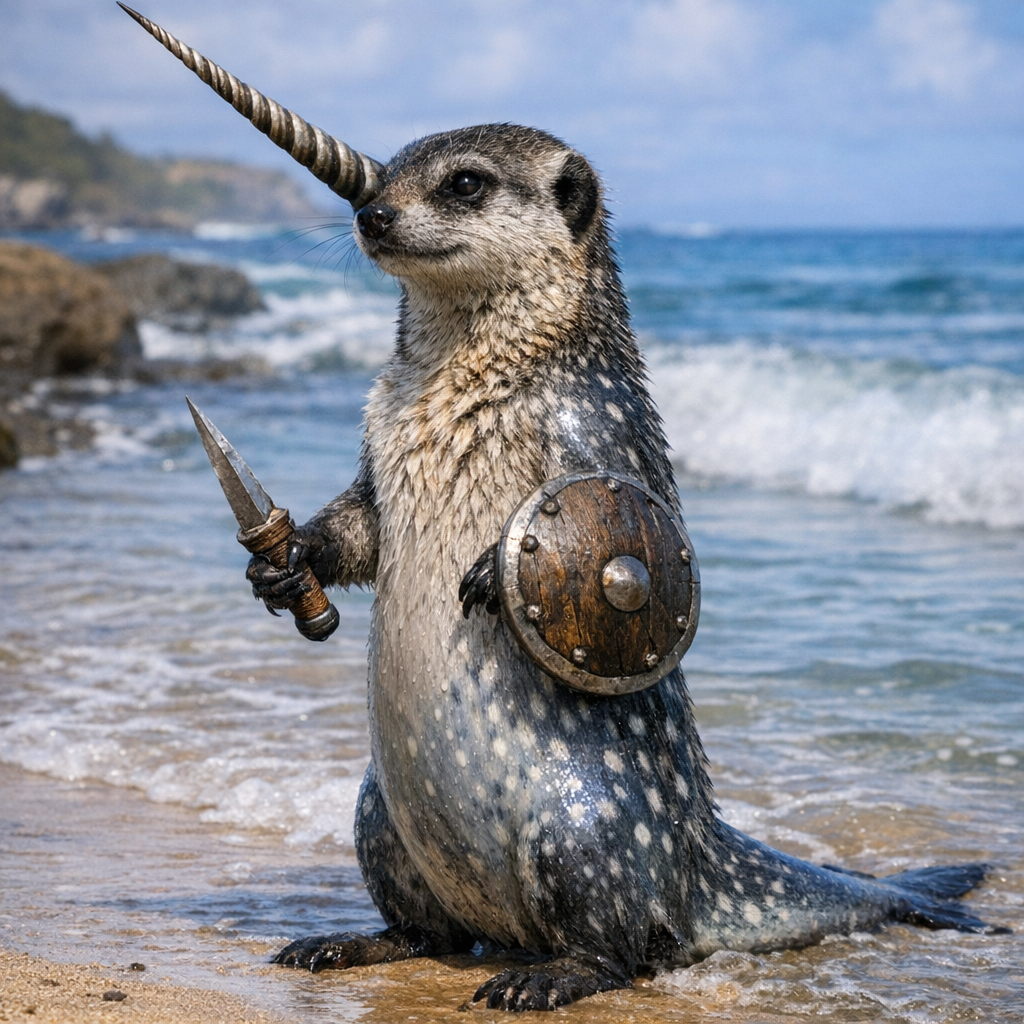 Narmeer, an AI-generated hybrid of Narwhal and Meerkat