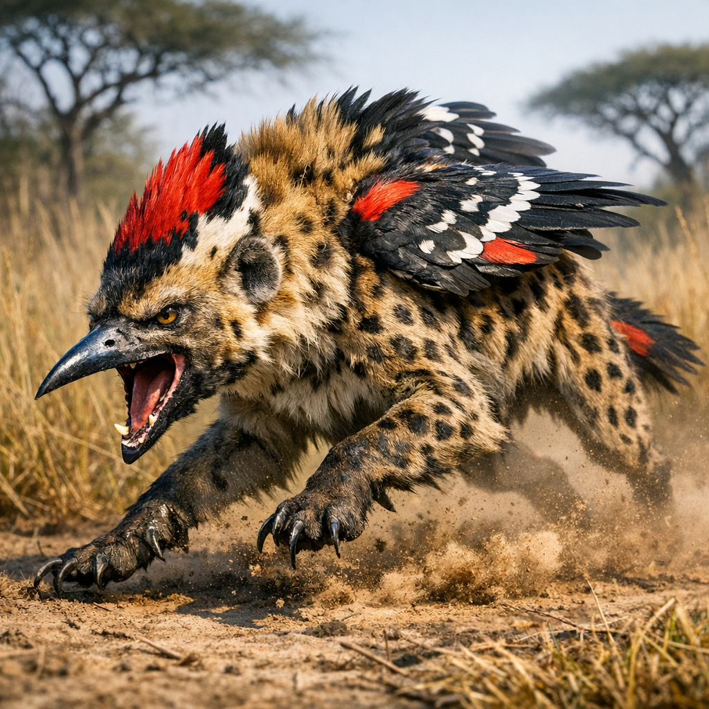Hyenawoodpeck, an AI-generated hybrid of Hyena and Woodpecker