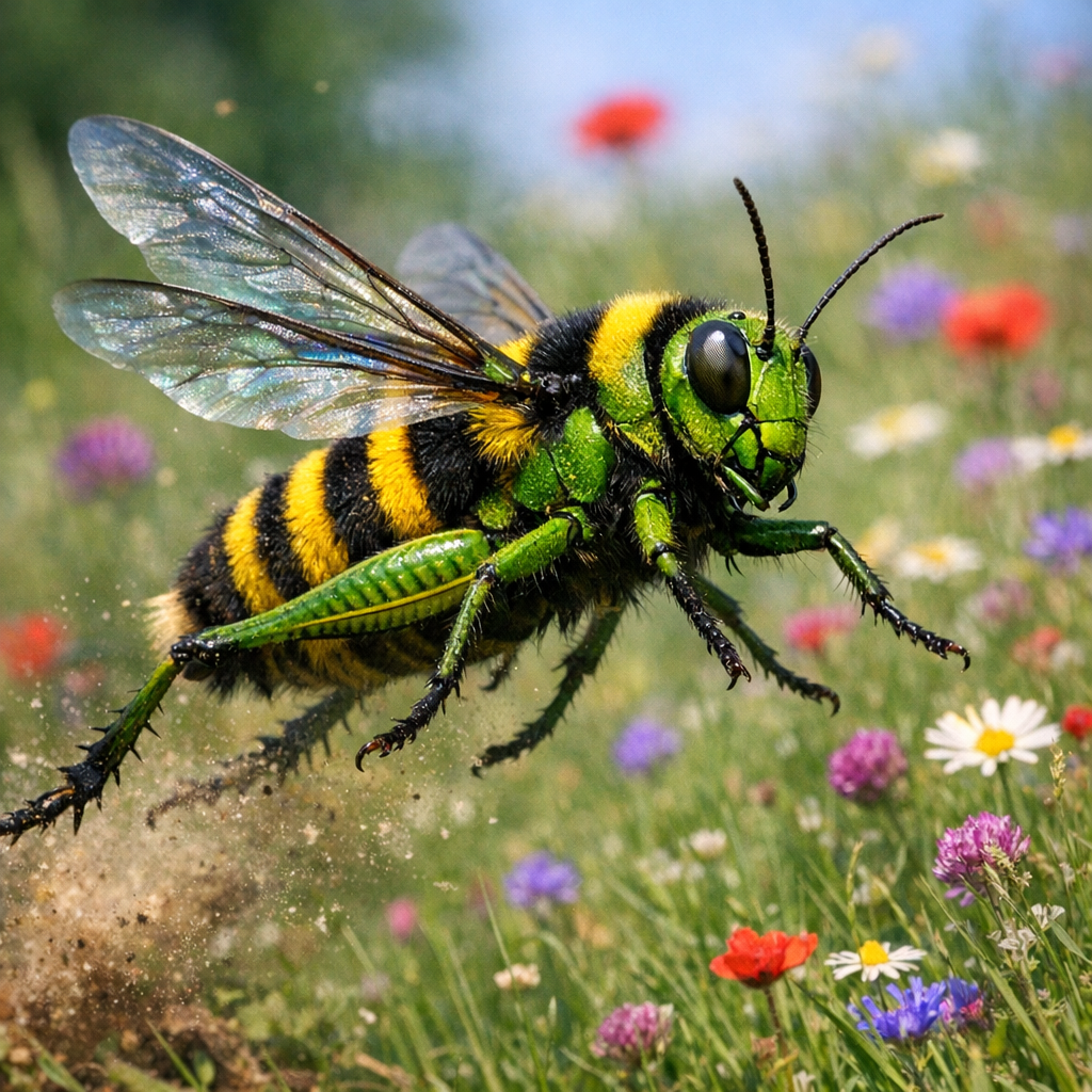 Grassbee, an AI-generated hybrid of Grasshopper and Bumblebee