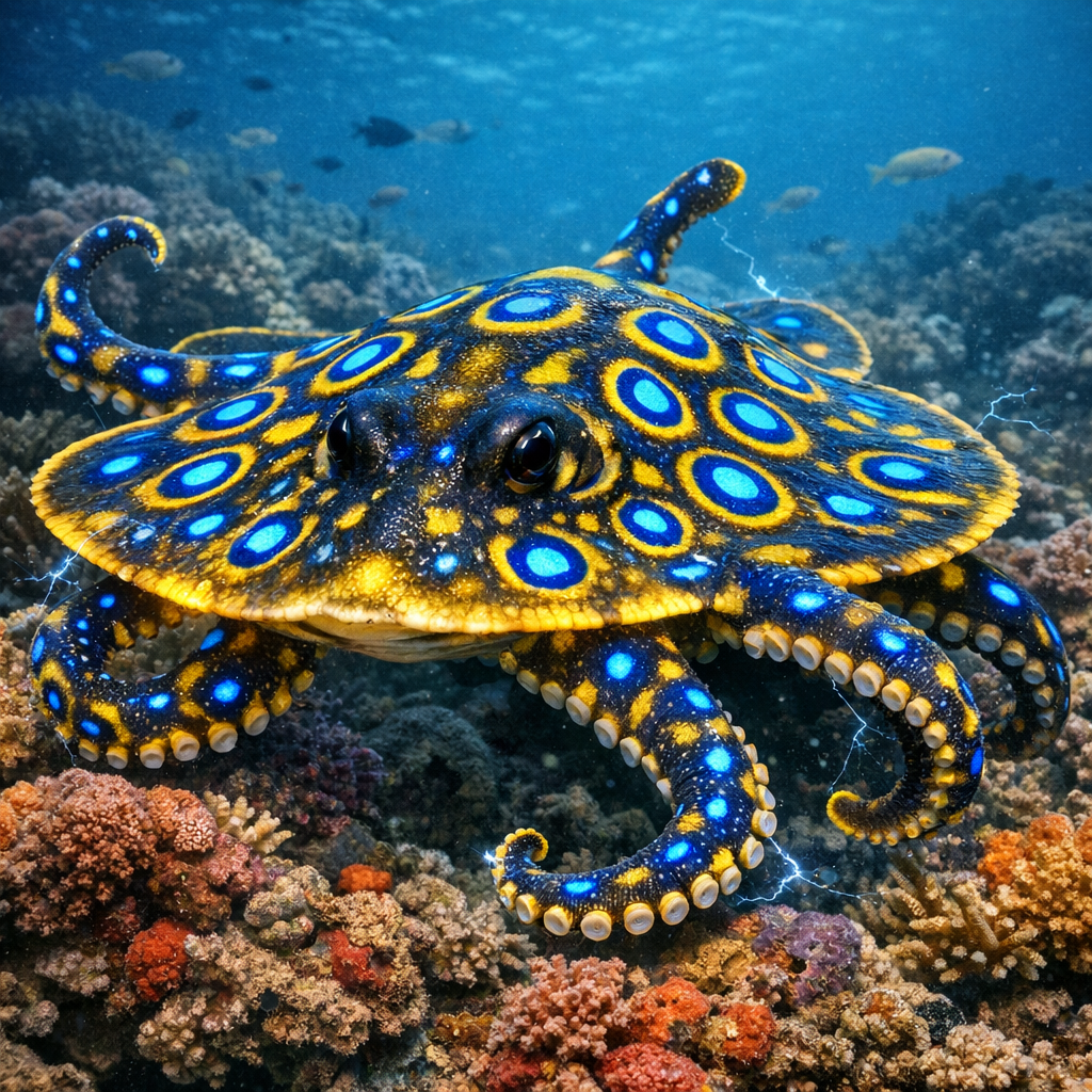 Electroctopus, an AI-generated hybrid of Electric Ray and blue ring octopus