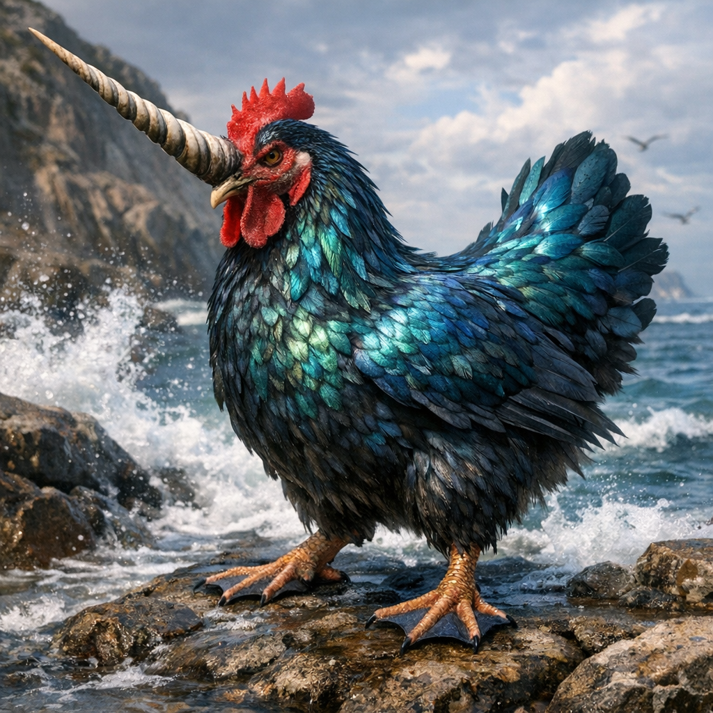 Chickwhal, an AI-generated hybrid of Chicken and Narwhal