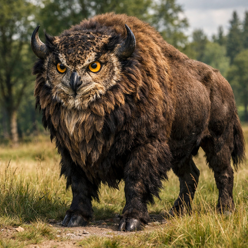 Bowlow, an AI-generated hybrid of Bison and Owl