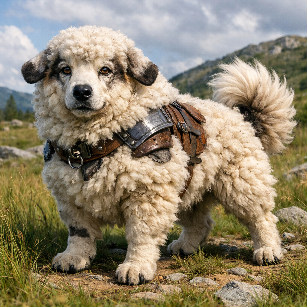 Sheepdogus, an AI-generated hybrid of Sheep and Dog