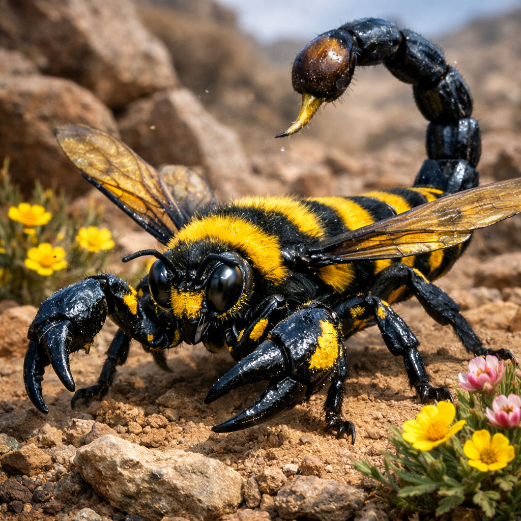 Bumblecorpi, an AI-generated hybrid of Bumblebee and Scorpion