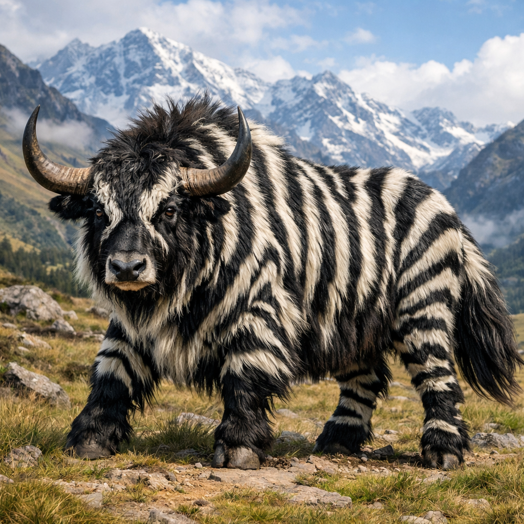 Zebrak, an AI-generated hybrid of Yak and Zebra