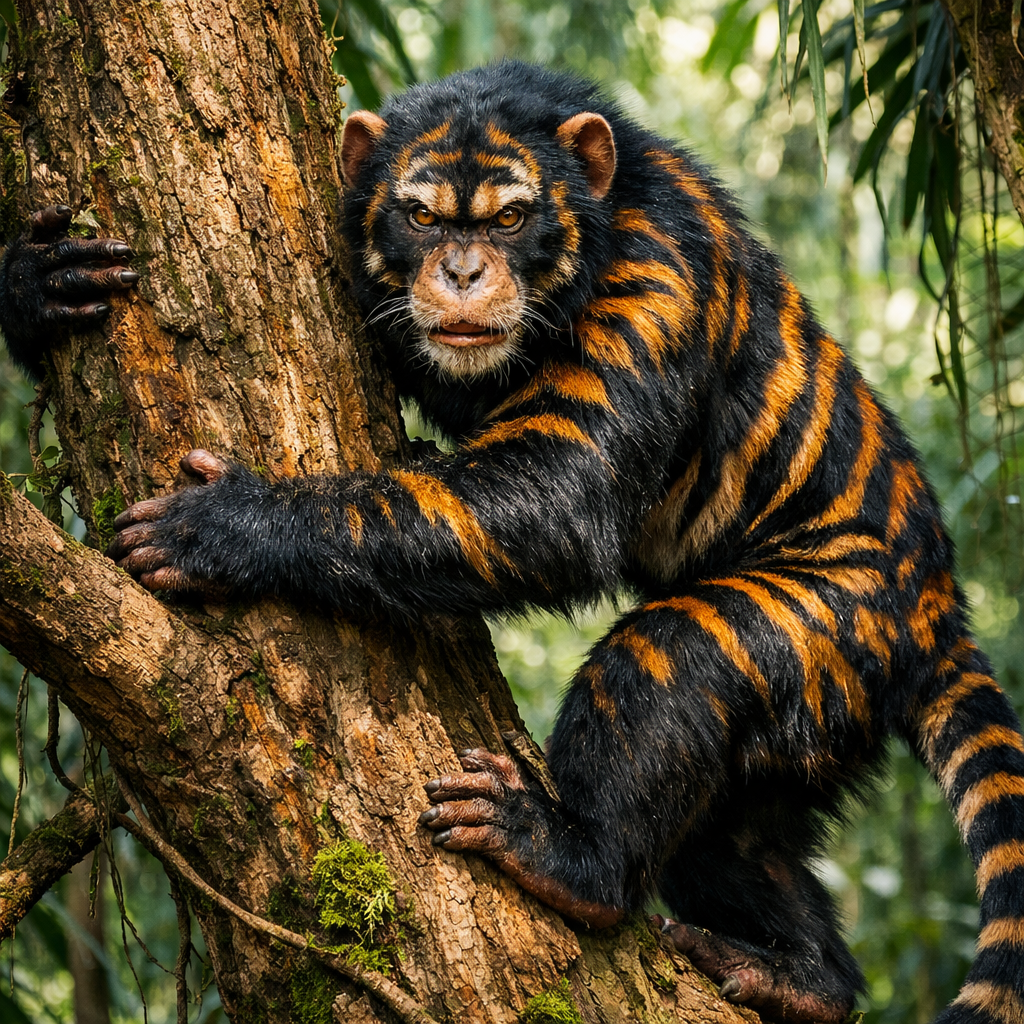 Chimtiger, an AI-generated hybrid of Chimpanzee and Tiger
