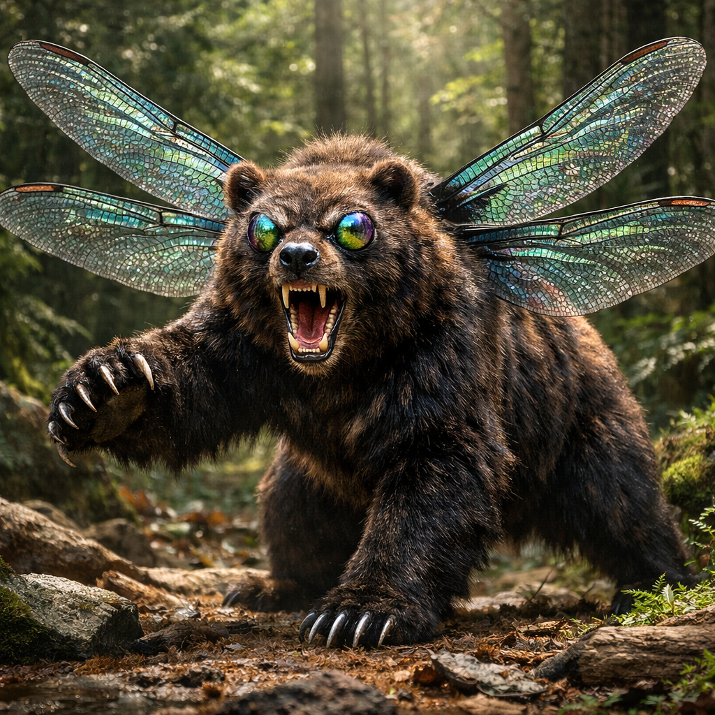 Bearfly, an AI-generated hybrid of Bear and Dragonfly