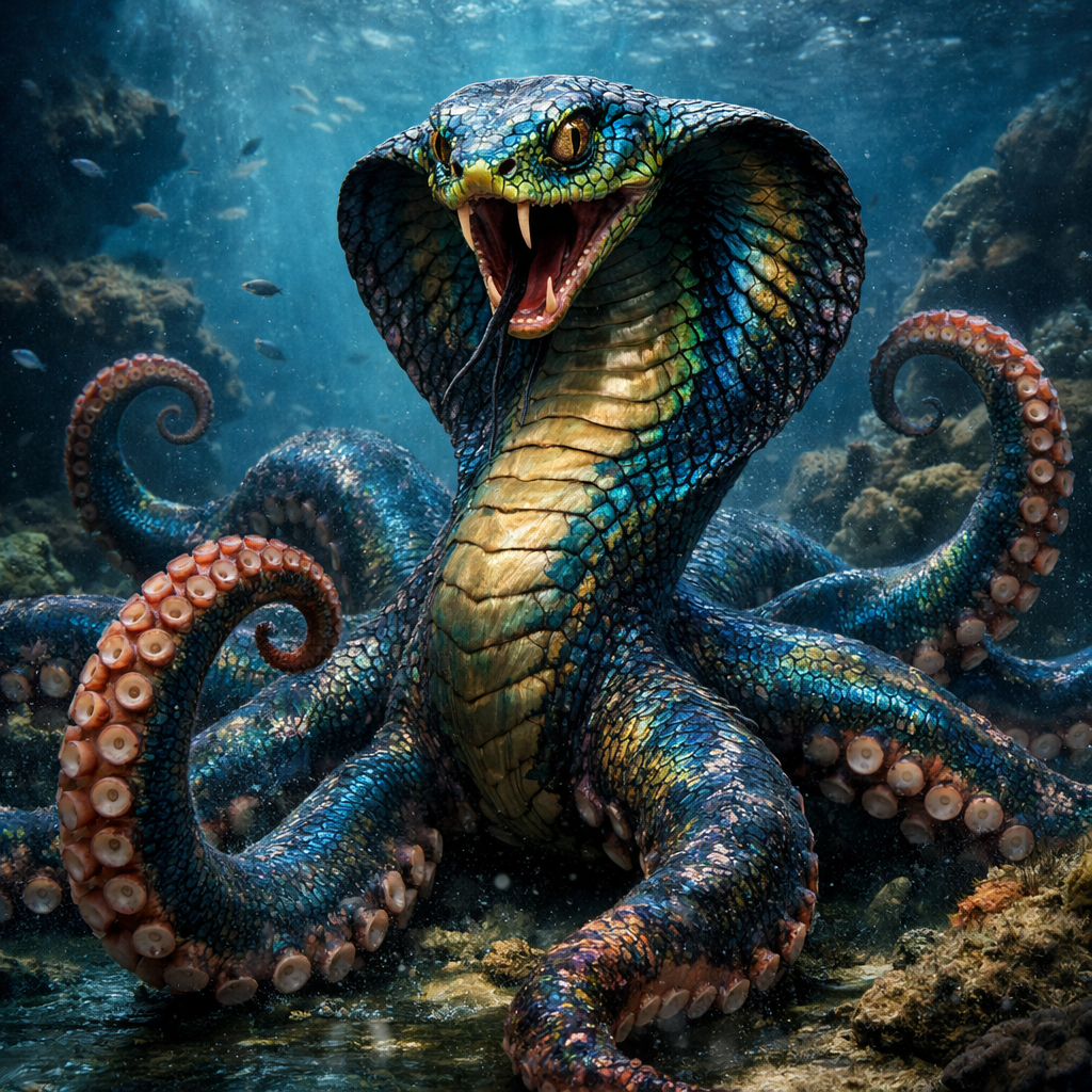 Cobracnus, an AI-generated hybrid of Cobra and Octopus