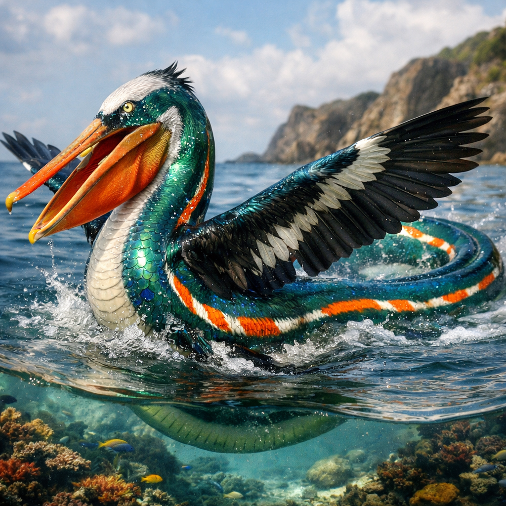Eelican, an AI-generated hybrid of Eel and Pelican