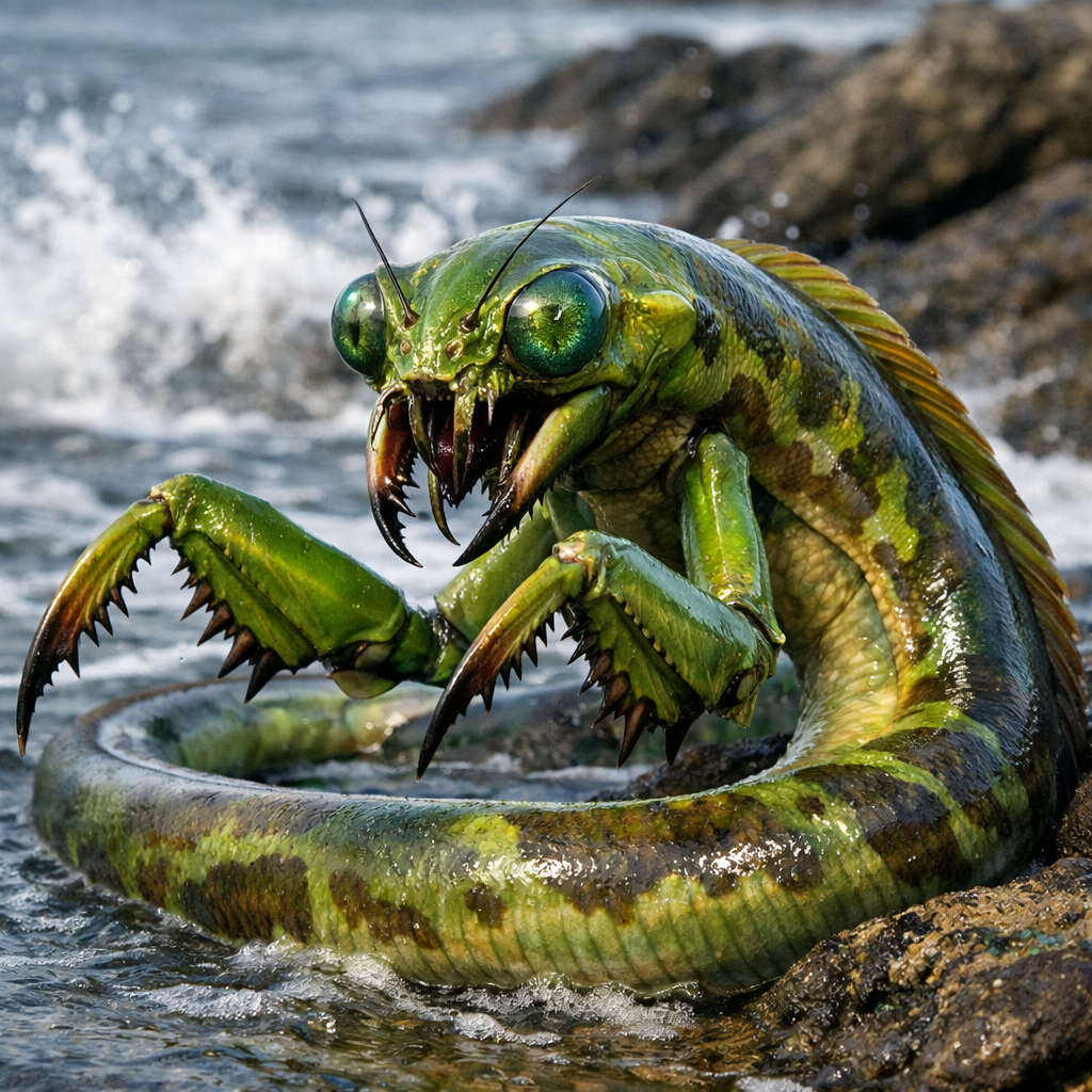 Eelantis, an AI-generated hybrid of Eel and Mantis