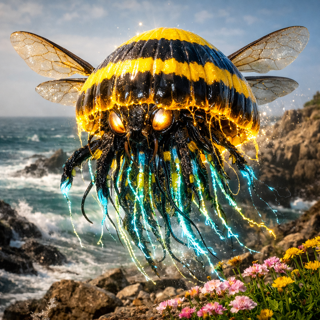 Jellybee, an AI-generated hybrid of Jellyfish and Bumblebee