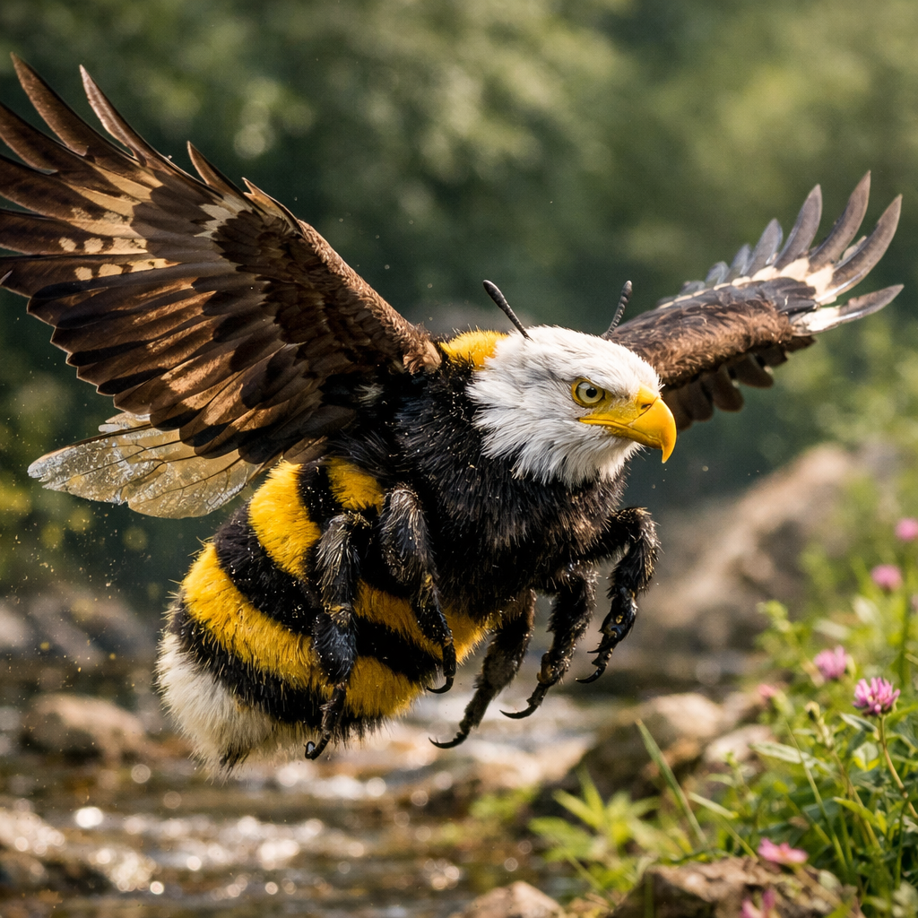 Aquilaeebee, an AI-generated hybrid of Bald Eagle and Bumblebee